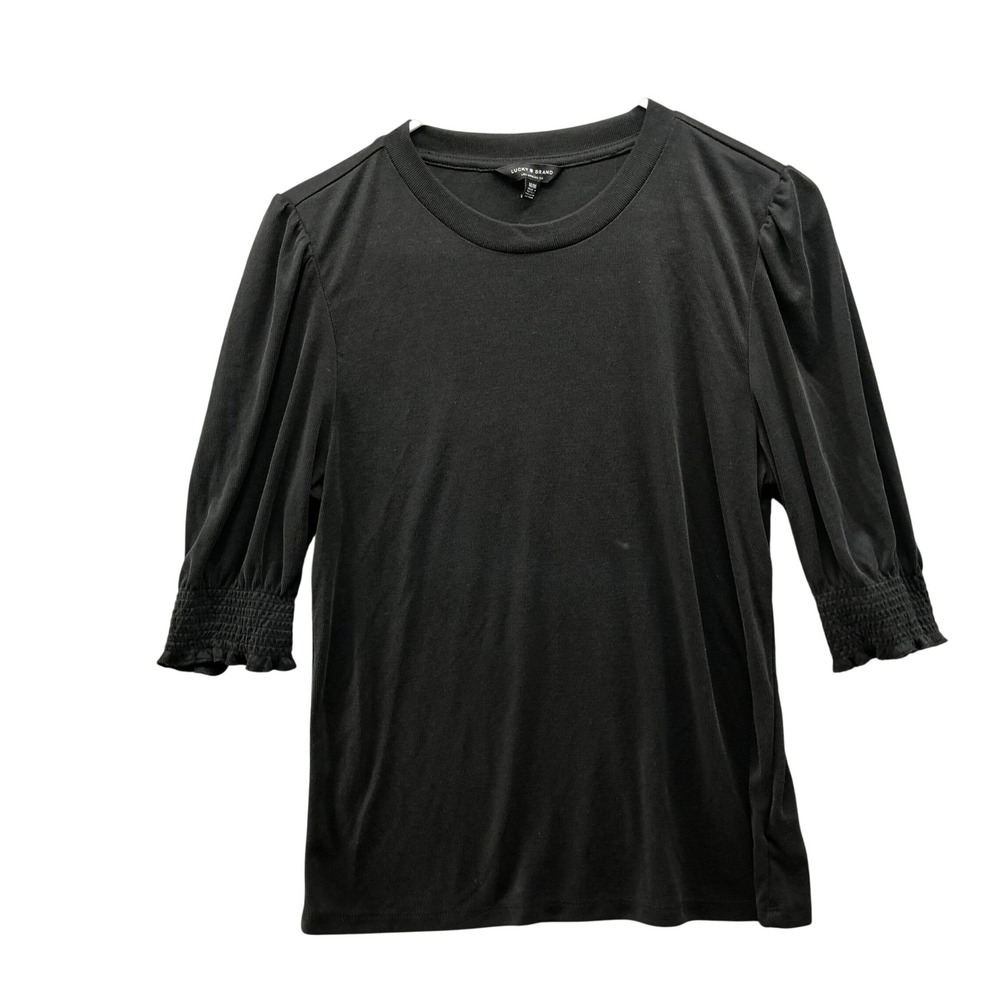 Lucky Brand Ribbed Puff Sleeve Top Womens M Black Stretchy Slinky 3/4 Crewneck